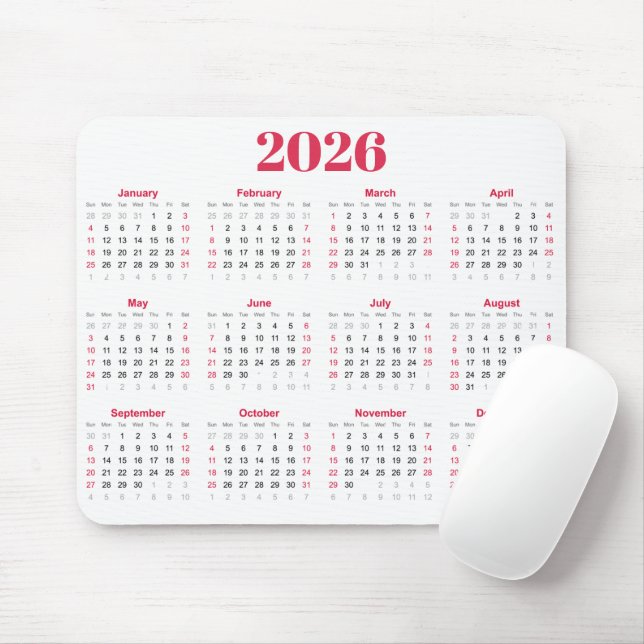 Simple red and White 2026 Calendar  Mouse Pad (With Mouse)