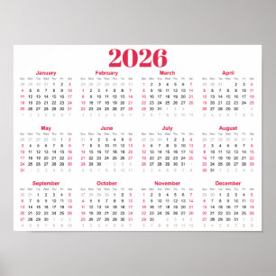 Simple red and White 2026 Calendar Poster