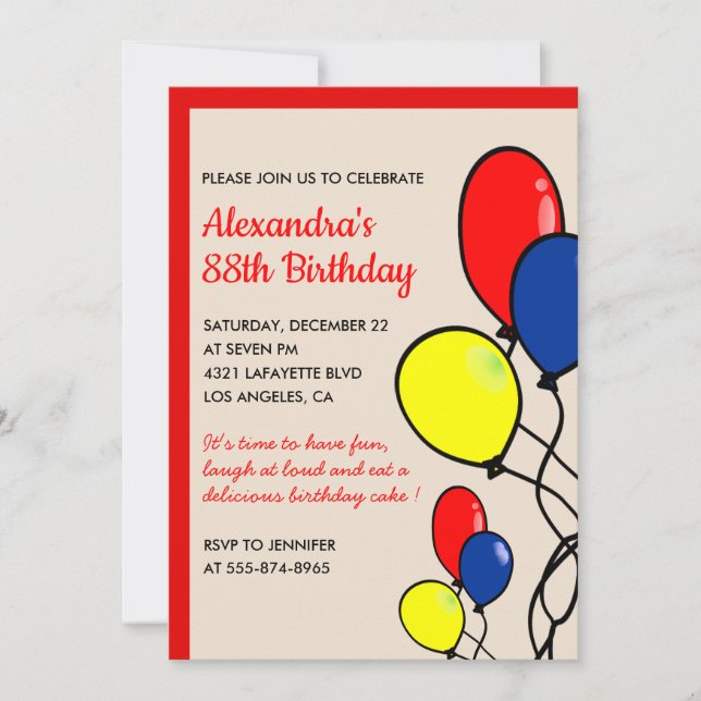 Simple Red Balloons 88th birthday invitations  (Front)