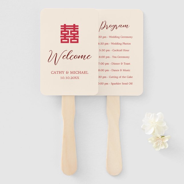 Simple red beige modern Chinese wedding program Hand Fan (Front and Back)