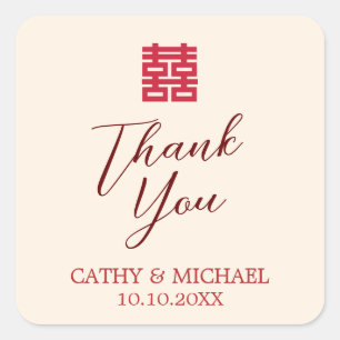 Simple red beige modern Chinese wedding Thank You Square Sticker