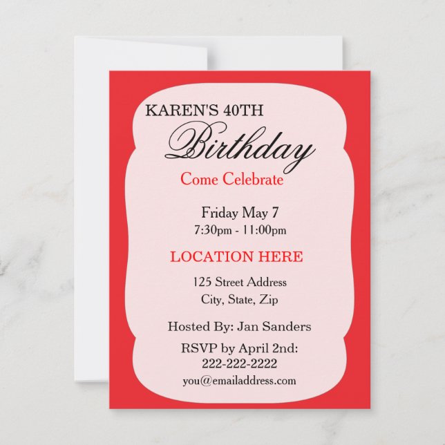 Simple red Birthday Party Invitations (Front)