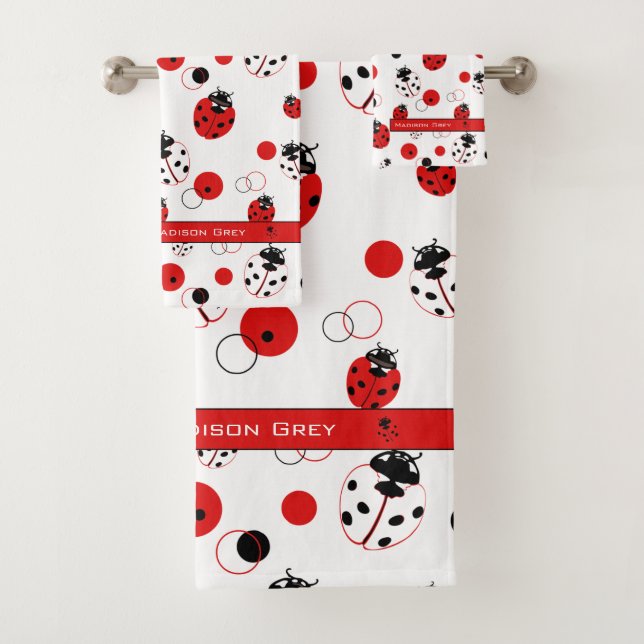 Simple Red, Black & White Ladybug Pattern Bath Towel Set (Insitu)