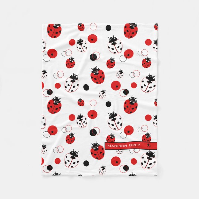 Simple Red, Black & White Ladybug Pattern Fleece Blanket (Front)