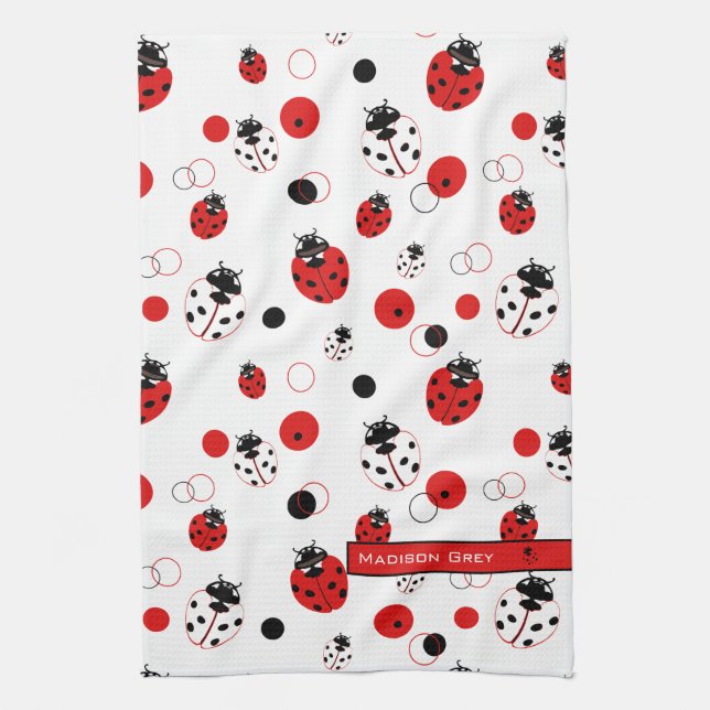 Simple Red, Black & White Ladybug Pattern Kitchen Towel (Vertical)