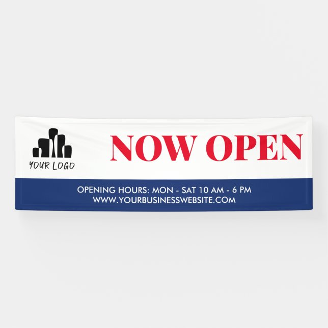 Simple Red Blue White Your Logo Now Open Banner (Horizontal)