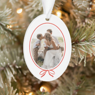 Simple Red Bow Oval Photo Christmas Ornament