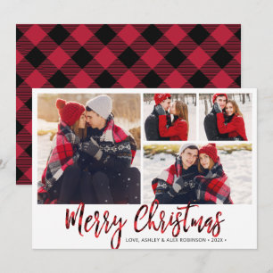 Simple Red Buffalo Plaid 4 Photo Collage Holiday Card