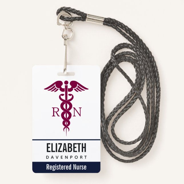 Simple Red Caduceus Registered Nurse RN Symbol Badge (Front with Lanyard)