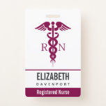 Simple Red Caduceus Registered Nurse RN Symbol Badge<br><div class="desc">Personalized name badge with a stylish red caduceus symbol with the letters R N on either side.  Reddish purple border.</div>