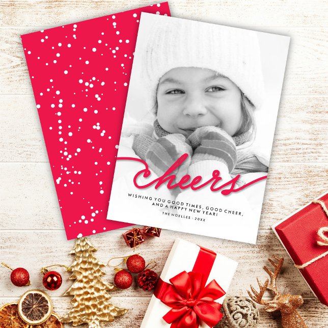 Simple Red Cheers Calligraphy Script Modern Photo Holiday Card (Creator Uploaded)
