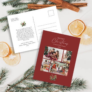 Simple Red Christmas Botanical Photo Collage Holiday Postcard