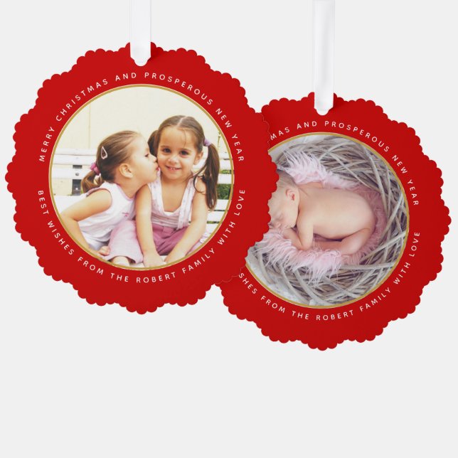 Simple red Christmas holiday photo paper Ornament Card (Front/Back)