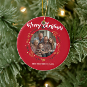 Simple red Christmas Wreath Photo Family name Ceramic Ornament