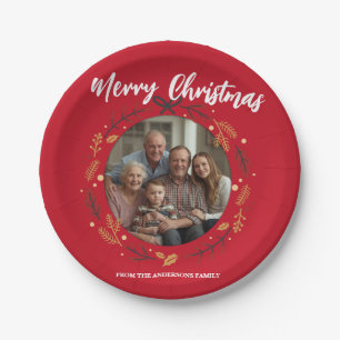 Simple red Christmas Wreath Photo Family name Paper Plate