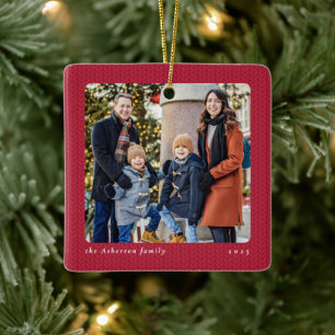 Simple red frame one photo Christmas Ceramic Ornament