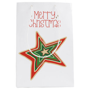 Simple Red Gold Green Merry Christmas Star Medium Gift Bag
