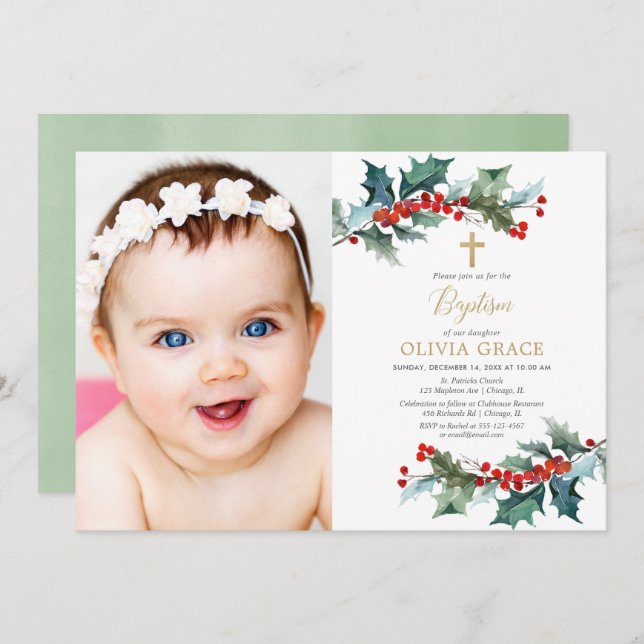 Simple red gold greenery Christmas baptism photo Invitation (Front/Back)