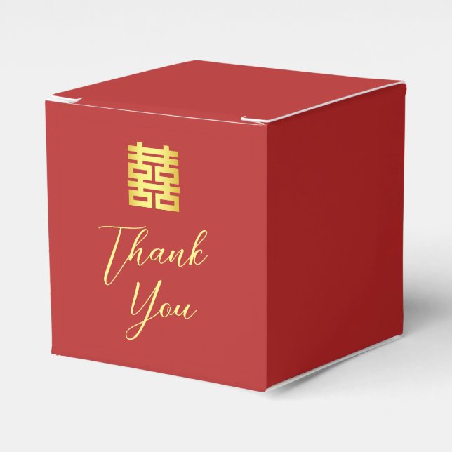 Simple red gold modern Chinese wedding Thank You Favor Box (Front Side)