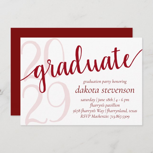 Simple Red Graduate | Bold Cherry Grad Year Script Invitation (Front/Back)
