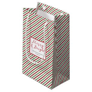 Simple Red Green & White Stripes Merry and Bright Small Gift Bag
