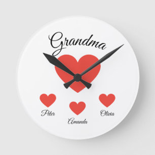 Simple Red Hearts Grandma Grandkids Round Clock