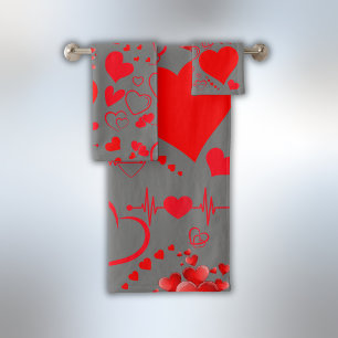 Simple Red Hearts Romantic Love On Charocal   Bath Towel Set