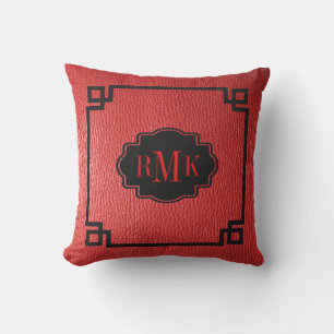 Simple Red Leather Texture Print Black Frame Throw Pillow