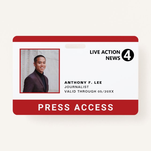 Simple Red Logo Press Employee Photo ID Badge (Front)