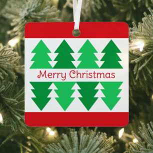Simple Red Merry Christmas Green Tree Design Metal Ornament