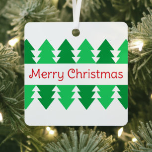 Simple Red Merry Christmas Green Tree Design Metal Ornament