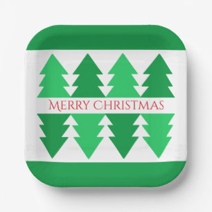 Simple Red Merry Christmas Green Tree Design Paper Plate