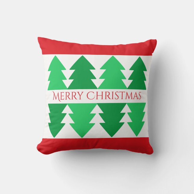Simple Red Merry Christmas Green Tree Design Throw Pillow (Front)