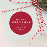 Simple red Merry Christmas knit pattern gift Classic Round Sticker<br><div class="desc">A cute and cozy Merry Christmas sticker perfect for all your Christmas presents. Add a cute personalized touch to your Christmas gifts or your Christmas party favours with this red sticker featuring a unique knit pattern and custom type. Designed to match the Lea Delaveris Design collection, this original gift sticker...</div>