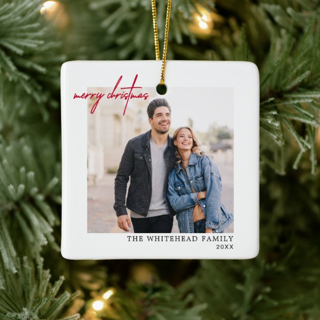 Simple Red Merry Christmas Photo White Ceramic Ornament (Tree)