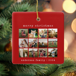 Simple Red Modern Typewriter Family Photo Collage Ceramic Ornament
