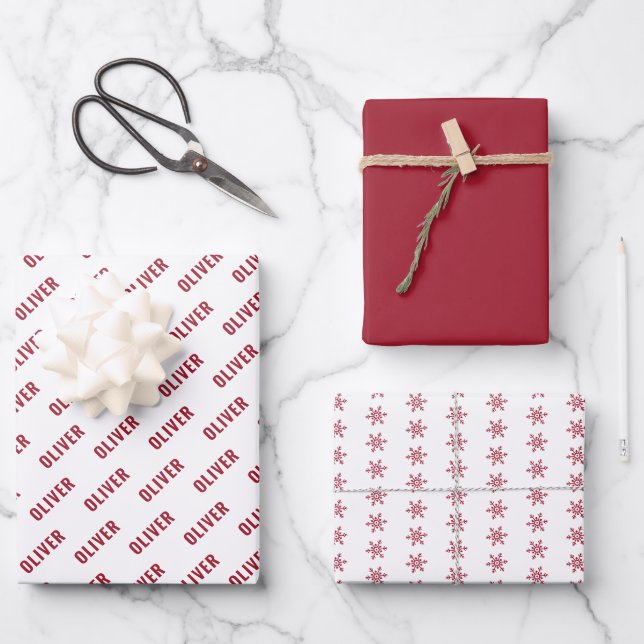 Simple Red Name and Snowflake Pattern Christmas Wrapping Paper Sheet (Front)