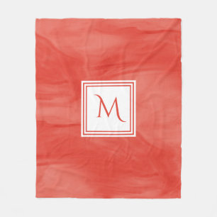 Simple Red Orange Subtle Marble Modern Monogram Fleece Blanket