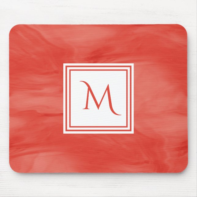 Simple Red Orange Subtle Marble Modern Monogram Mouse Pad (Front)