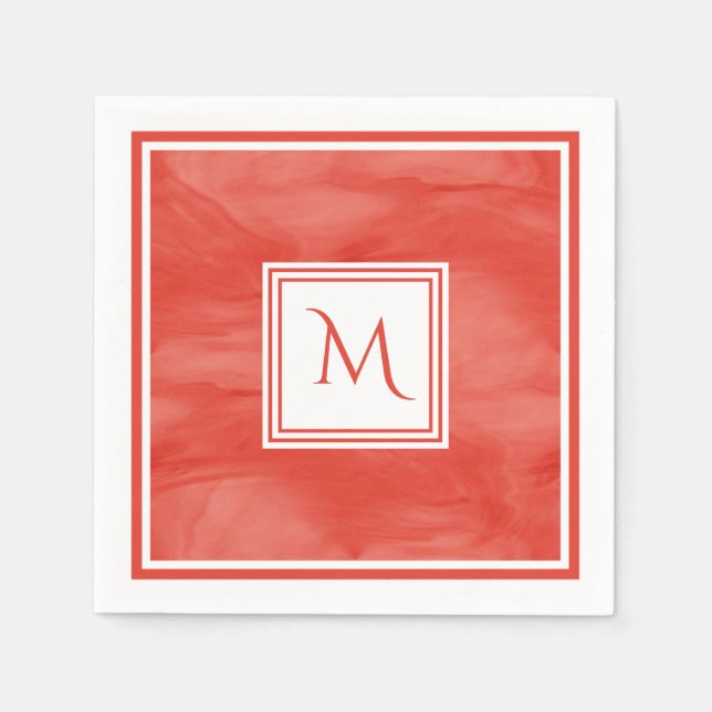 Simple Red Orange Subtle Marble Modern Monogram Napkin (Front)