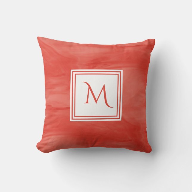 Simple Red Orange Subtle Marble Modern Monogram Throw Pillow (Front)