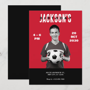 Simple Red Photo Soccer Magazine Cover Birthday Invitation