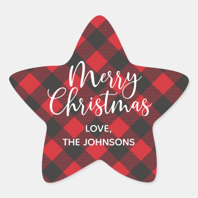 Simple Red Plaid Merry Christmas Star Sticker (Front)