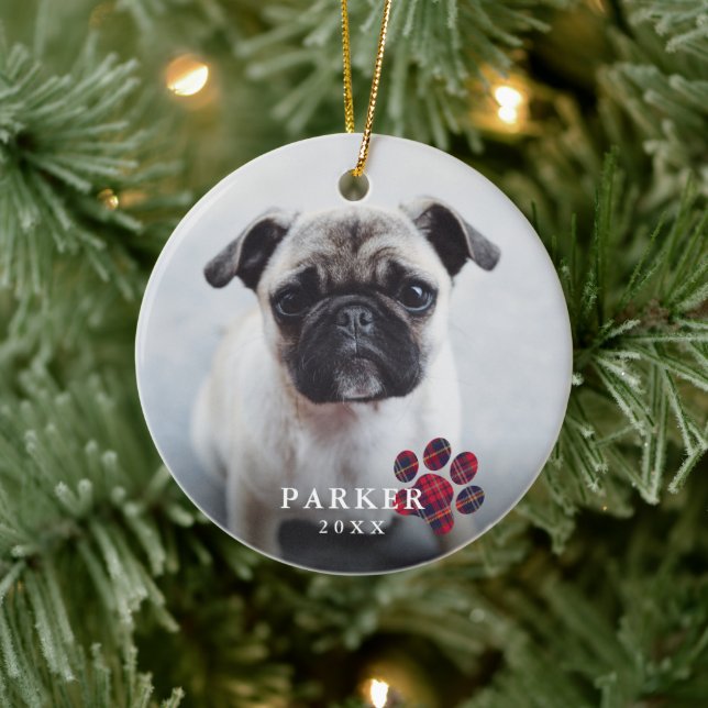 Simple Red Plaid Paw Photo Pet Christmas Ceramic Ornament (Tree)