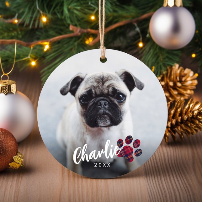 Simple Red Plaid Paw Script Photo Pet Christmas Ceramic Ornament (Simple Red Plaid Paw Script Photo Pet Christmas Tree Ornament)