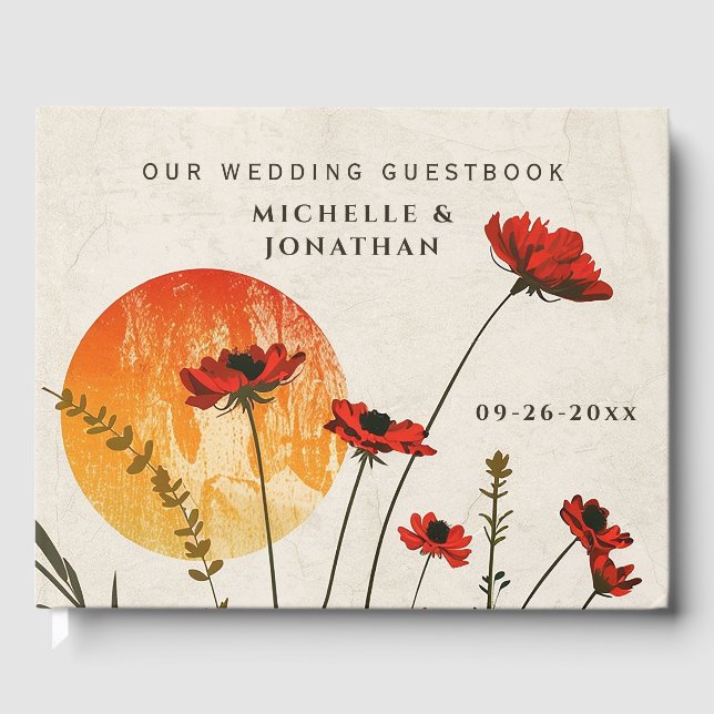 Simple Red Poppies Boho Wildflowers Sunset Wedding Guest Book (Front)