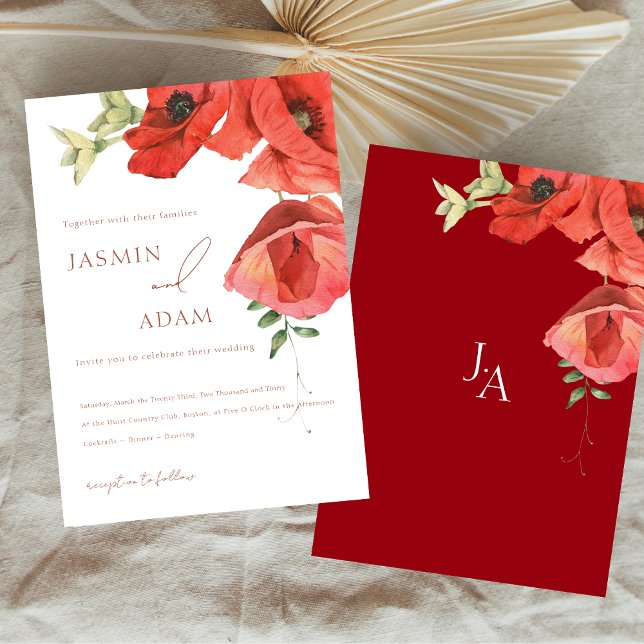 Simple Red Poppy Floral Wedding Invitation (Simple Crimson Red Poppy Floral Wedding Invitation)