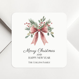 Simple Red Ribbon Bow Watercolor Holly Christmas Square Sticker