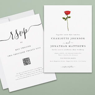 Simple Red Rose Elegant Script QR Code Wedding Invitation