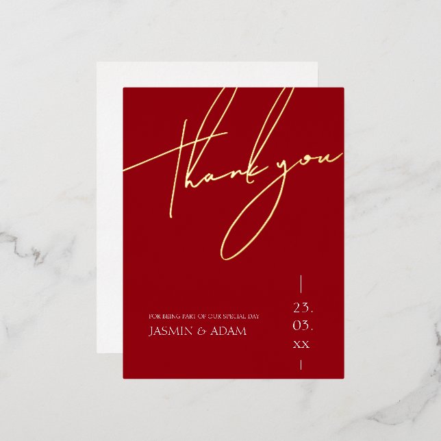 Simple Red Script Gold Foil Wedding Thank You Invitation Postcard (Front/Back)